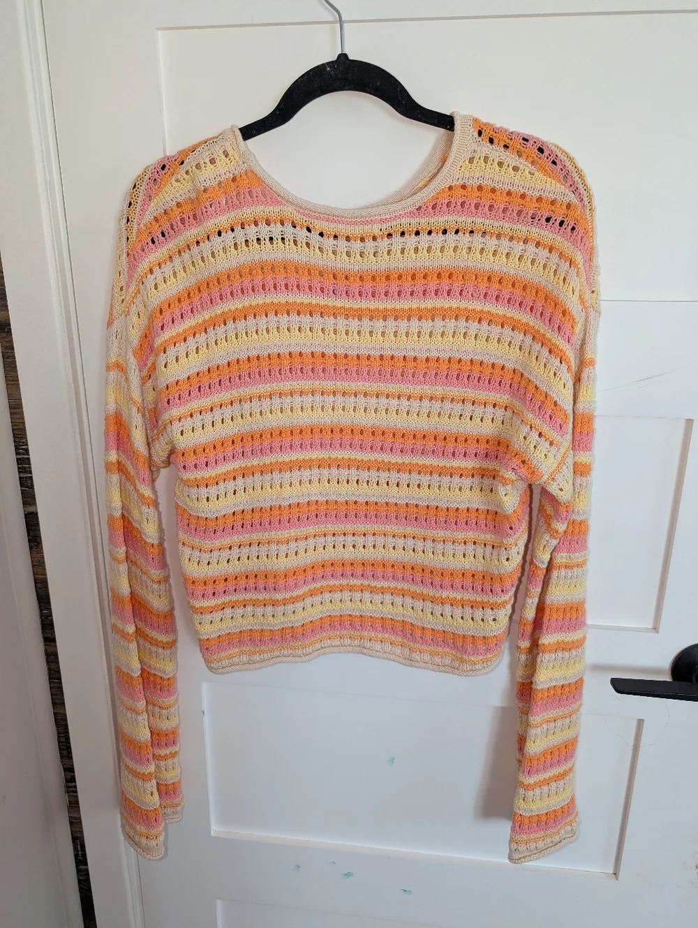 moon & Madison  Lightweight Striped Crochet Sweater - Peach, Pink & Cream - Picture 5 of 5